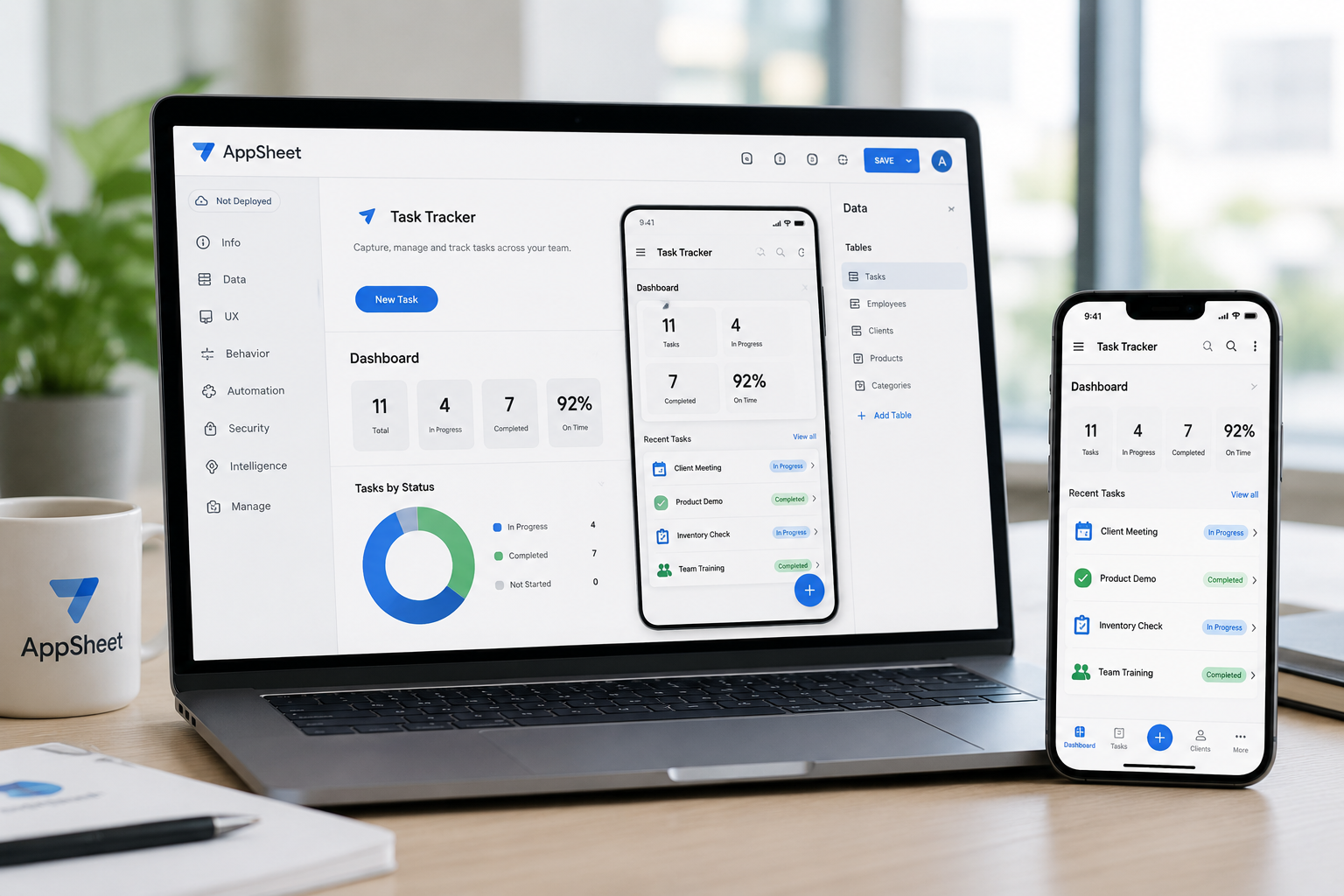 AppSheet business application dashboard on laptop and mobile phone
